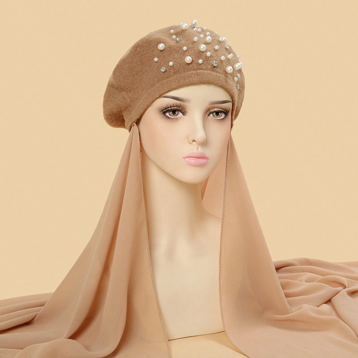 One Piece Women Pearl Beret Hat With Long Scarf Hijab Ready To Wear Instant  Cap