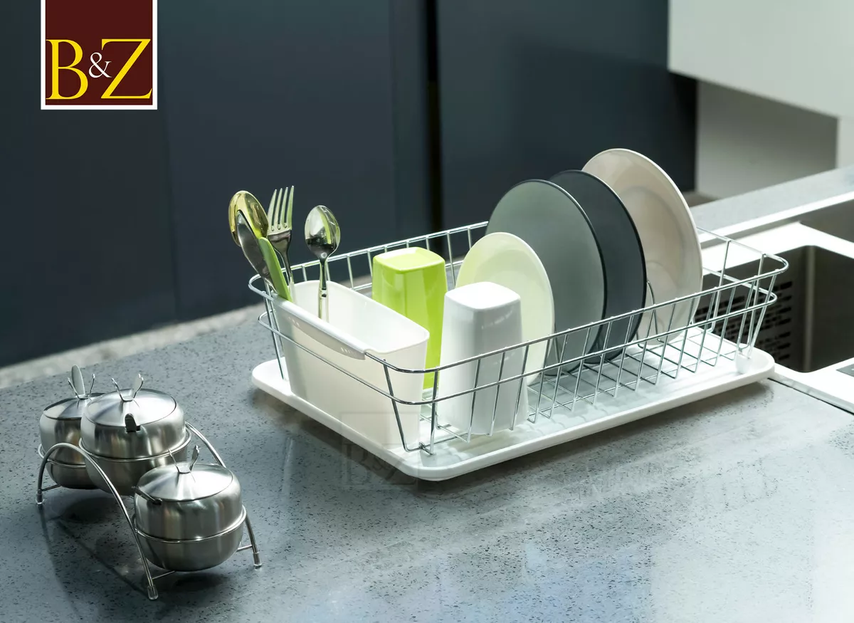 mDesign Steel Compact Modern Dish Drying Rack with Cutlery Tray -  Chrome/Clear