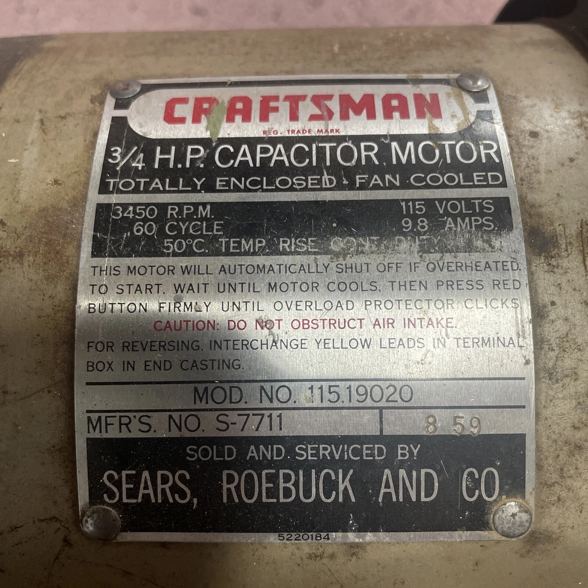 Craftsman 103 113 Table Saw 3 4 HP Motor 115.19220 w Switch 1959 S 7711