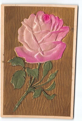 Exquisite Rose on Gold Back Bloom Petals Stem DB Embossed Postcard Vtg Unposted
