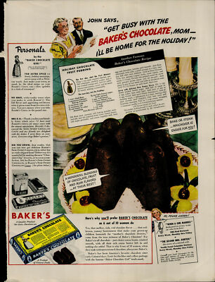 1941 Baker's Chocolate Fruit Pudding Chocolate Vintage Print Ad 3284