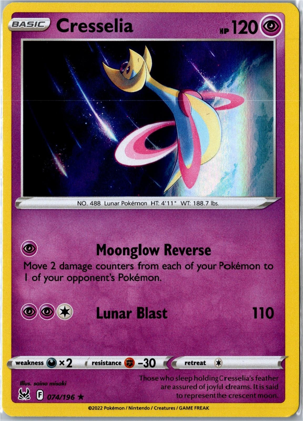 Pokemon Card - Cresselia Lost Origin 074/196 2022 Rare Holo Holo Lightly Played