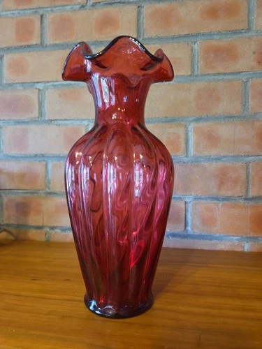 Vintage FENTON   11" Cranberry  Ruffled Top Swirled Vase Excellent Cond.