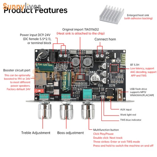 ZK-1001U 100W Bluetooth Audio Power Amplifier Board Mono Amp Module TPA3116D2 - Picture 14 of 22