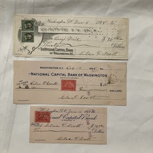 1898 1899 Check 3x National Capital Bank Of Washington  Inter Revenue US Stamp