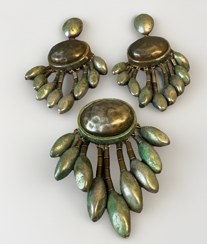 Vintage French Designer Brooch And Clip On Earrings Hammered Gilt metal