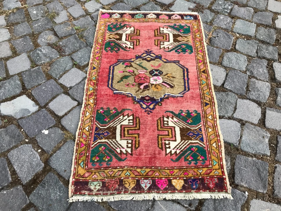 土耳其复古小地毯手工羊毛波西米亚浴垫地毯 1,6 x 2,8 英尺 — 第 4/4 张图片