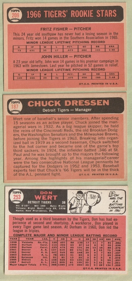 Topps 1966 #187 Dressen #209 John Hiller Fritz Fisher #253 Wert  Tigers - Image 2 of 2