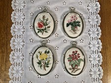4 VTG Handmade Miniature Floral Needlework Cross Stitch Oval Framed Home Decor