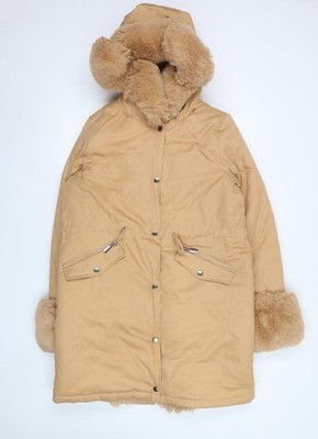 Boohoo Damen Parka Mantel beige Kunstfellbesatz Kapuze Größe M