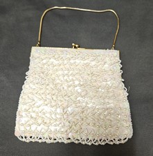 Vintage Beaded Sequin Evening Bag Handbag Clutch Ivory White 40s 50s Bridal