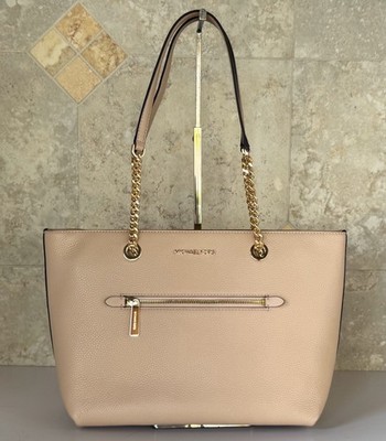 Michael Kors Jet Set Item Medium Front Zip Pocket Chain Tote Shoulder Bag Buff