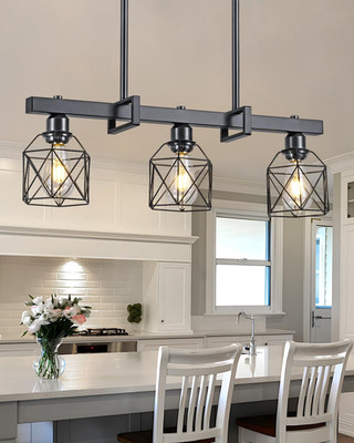 3-Light Farmhouse Kitchen Island Lighting Black Hardware and Black Metal Cage Fr