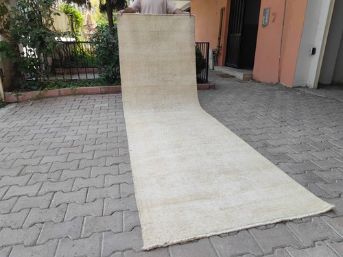 3x11 Runner Rug Neutral, Turkish Runner Beige, Handmade Vintage Style Runners