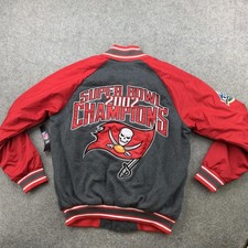 Tampa Bay Buccaneers Jacket Mens Medium Gray Red Varsity Snap Super Bowl 2002