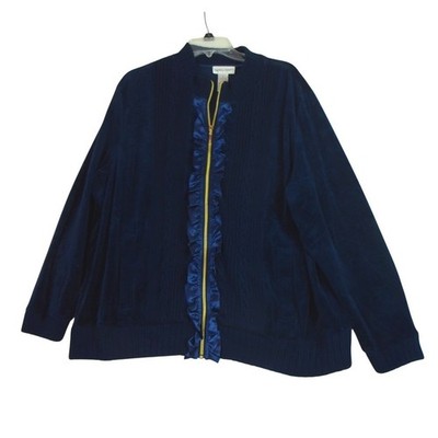 Drapers And Damons Velvet Ruffle Front Jacket 1X Sapphire Blue Grandma Mature