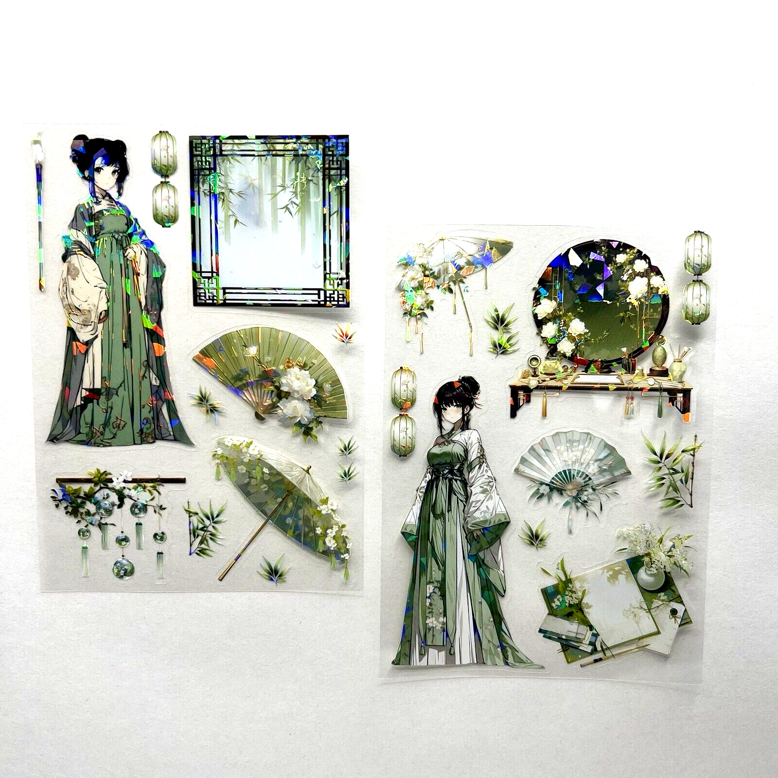 Holographic Green Dressed Lady Stickers Asian Anime Journal Collage Laptop Phone