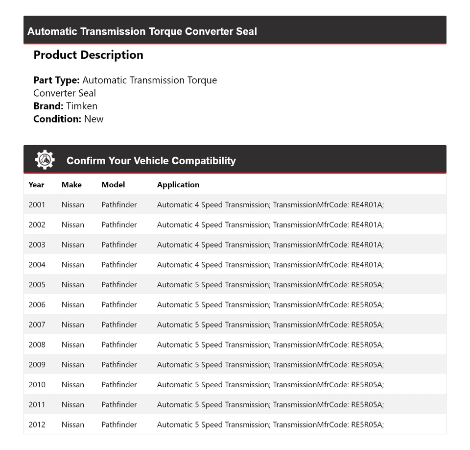 Sello convertidor de par transmisión automática para Nissan Pathfinder 2001-2012 Timken 2002 Foto 2 de 4
