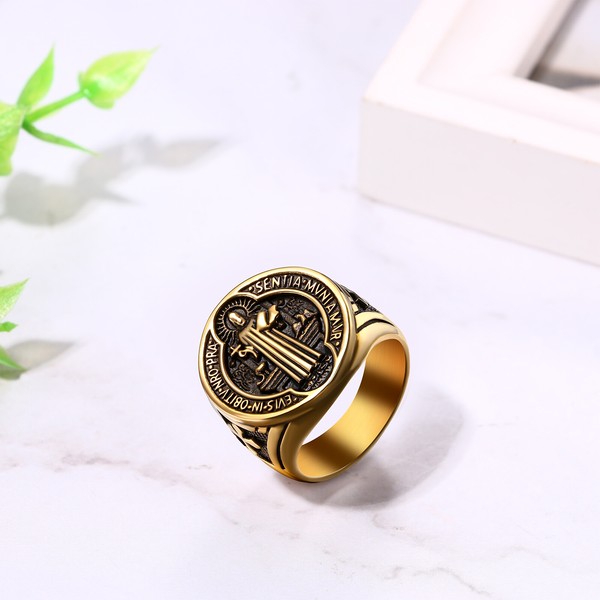 Alternate view of Gold Plated Catholic Saint Benedict Medal Ring Amulet Biker Band Size 8-13