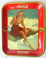 VTG 1941 Drink Coca Cola Winter Snow Ice Skating Lady Metal Coke Serving Tray