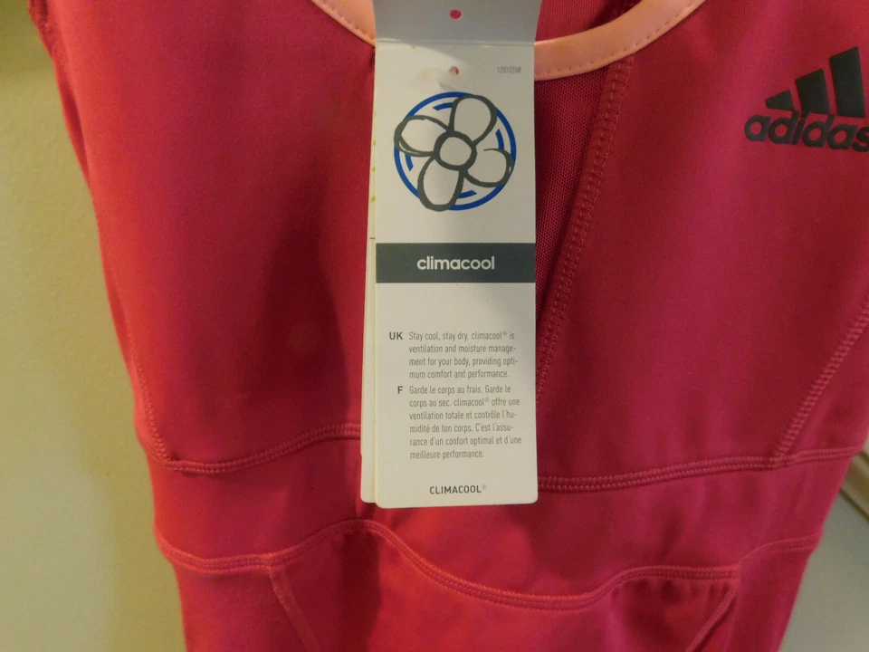 Nuevo con Etiquetas Adidas Talla XS Rosa Caliente Gris Rayas Clima Cool Malla Corredor Parte Trasera Top Foto 4 de 4