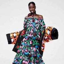 KENZO X H&M Off the Shoulder Pleated Top in Pink Green Blue Leopard Print SZ 4