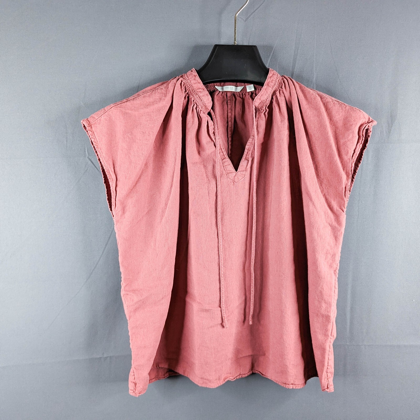 Uniqlo Womens Top Shirt Small Mauve Pink Boho Linen Blend Cap Sleeve V Neck  | eBay