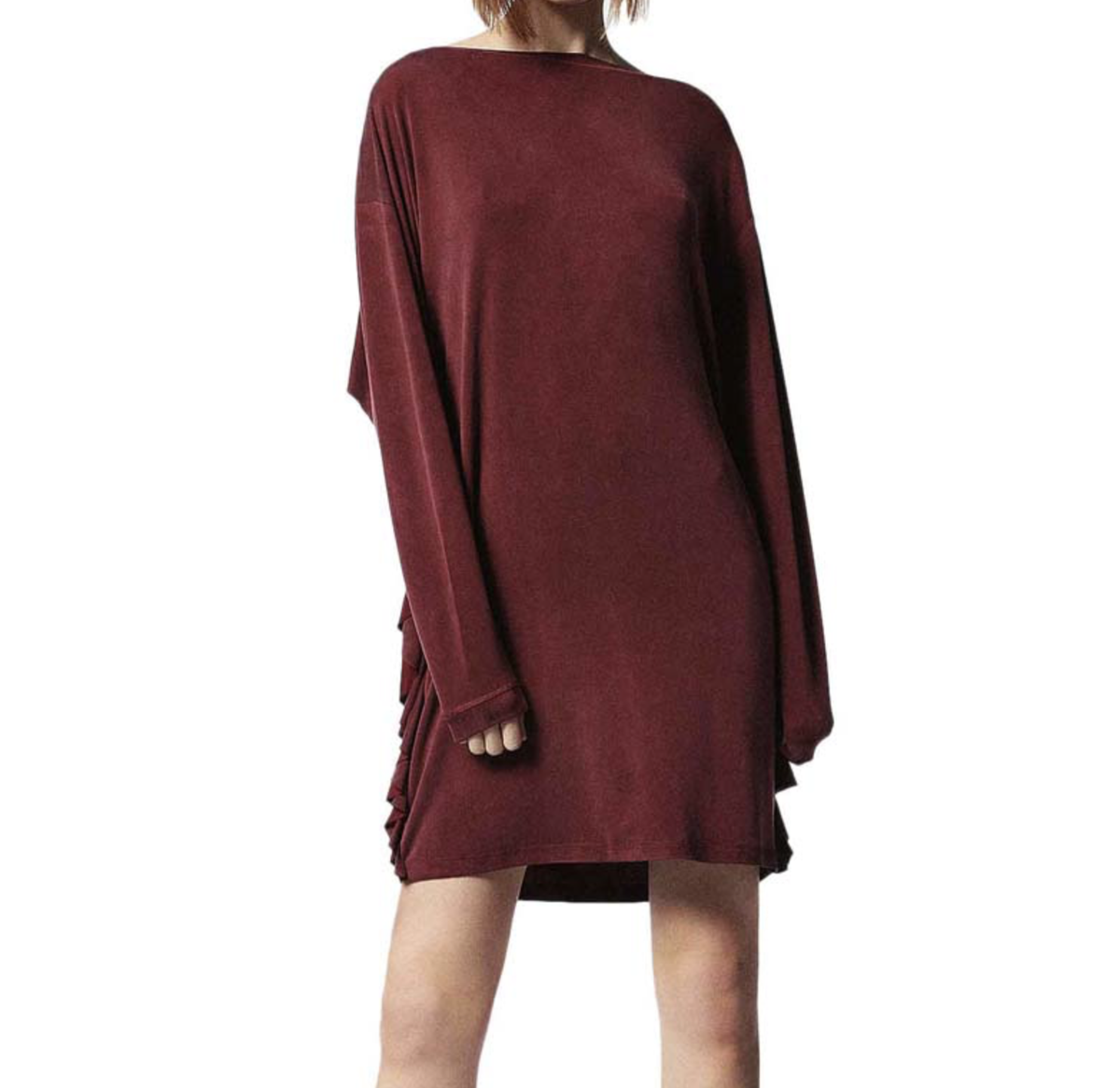 Diesel D-RAINB Dress Shift Long Sleeve Boat Neck Ruffles Red $248 NWT