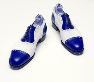Custom Made Two Tone White and Blue Stylish Leather Oxford  Toe Cap Dress Shoes