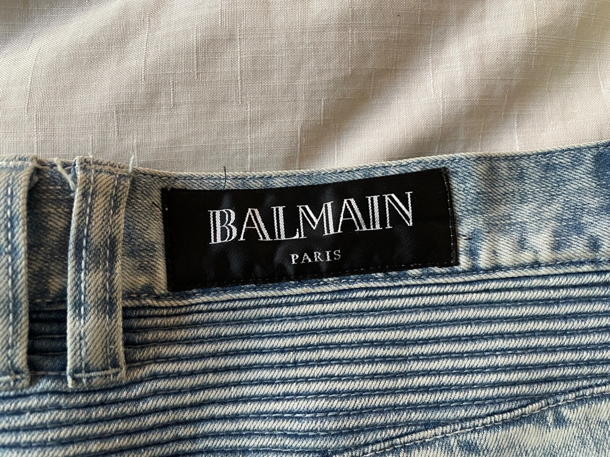 $1495 Balmain Light Blue Destroyed And Ribbed Biker Jeans Size 33