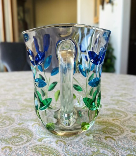 Venice Italy Hand Made Heavy Clear Blue Green Leaves Glass Pitcher Art Vase - Picture 4 of 15