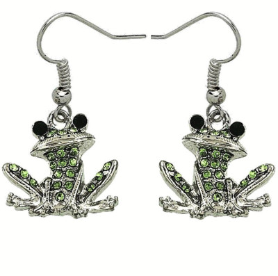 Crystal Green Frog Earrings Dangle Rhodium Plated Gift Boxed Fast Shipping