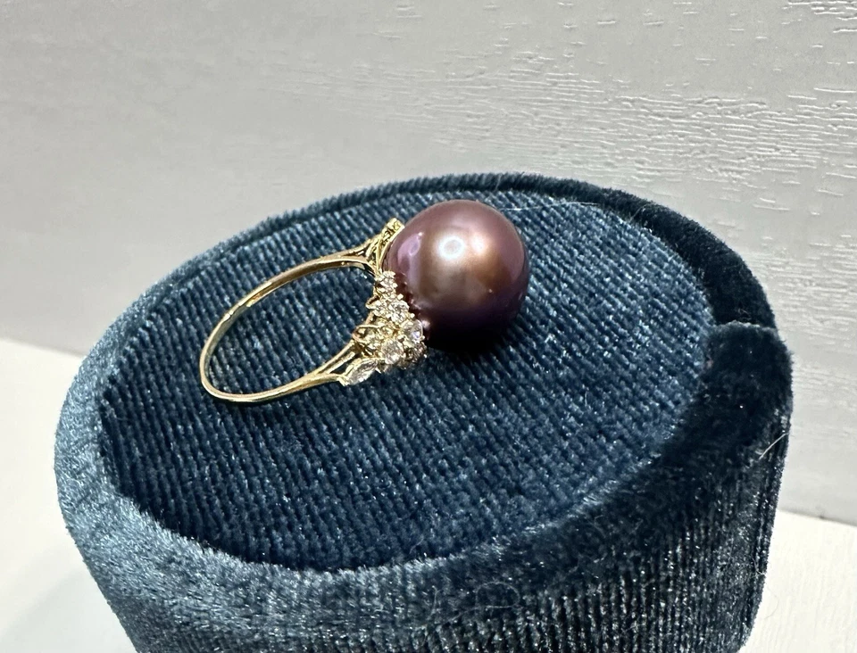 Oro Amarillo 18K Natural Demonio Perla Púrpura AAA con Anillo Circón talla 5 Foto 3 de 4