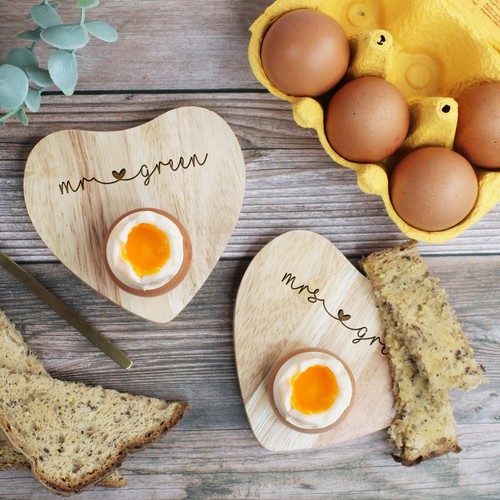 Personalised Set of 2 Mr & Mrs Egg Cups Wooden His Hers Heart Breakfast Board - Picture 14 of 20