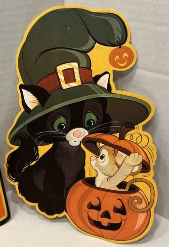 Vintage Hallmark Halloween Die Cuts Black Cat Witch & Mouse Happy Halloween Sign - Picture 5 of 12