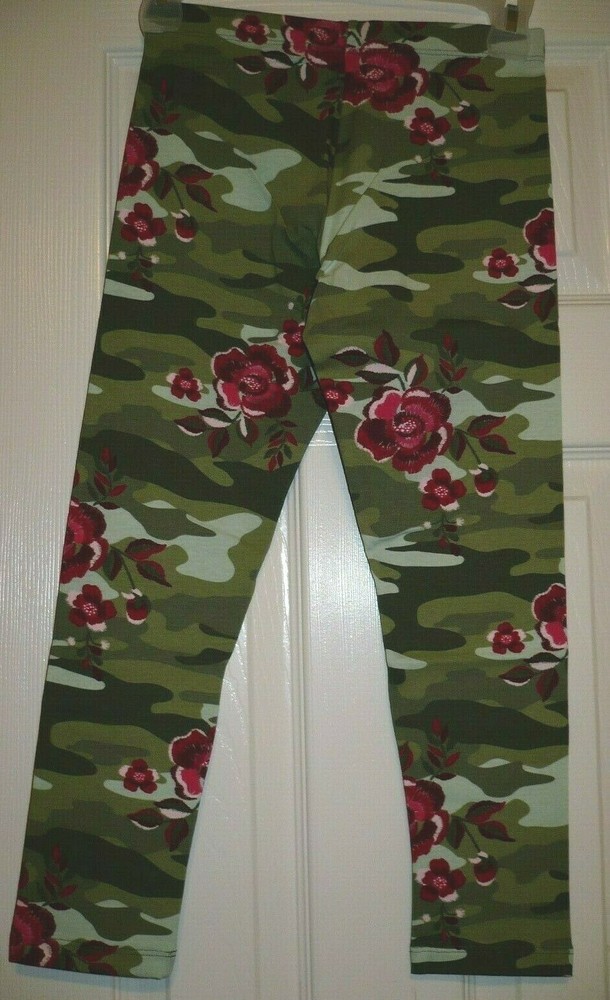 Wonder Nation Girls Tough Cotton Leggings Size Medium 7-8 Green Camo W Roses