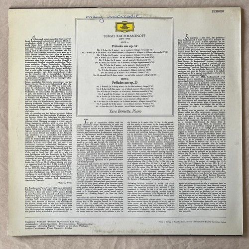 YARA BERNETTE Rachmaninoff: 11 Preludes 1970 Vinyl LP Deutsche Grammophon - VG+ - Picture 2 of 4
