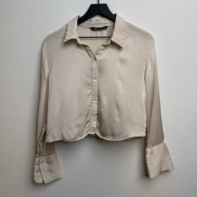 Zara Button Up Shirt Women's M Ivory Cropped Boxy Long Sleeve Casual Blouse