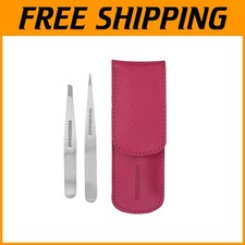 Compact Pink Tweezer Set - Point  Slant, Travel Case