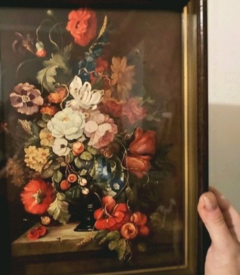Vtg Moody Still Life Print, Shadowbox Wood Frame Gold Trim Bartels 1960s Floral 