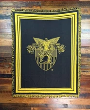 Vintage USMA West Point~Country~Honor~Duty Black Yellow Fringe Blanket 62’ x 49’