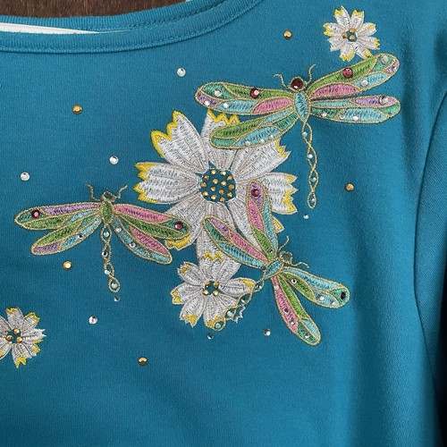 Quacker Factory Dragonfly Blue Gingham Bell Sleeves Shirt Size 2X Top Flowers - Picture 3 of 9