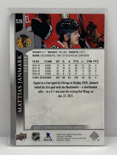 Mattias Janmark Signed Autograph 2020-21 Upper Deck Card #526 Chicago Blackhawks - Picture 2 of 2