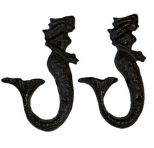  2 Mermaid Cast Iron Hook Wall Beach Towel Coat Nautical Rustic 6" Hanger Metal