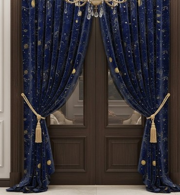 Gold & Navy Celestial Starry Galaxy Printed Set Of 2 Pic Curtain