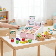 Cash Register Playset with Scanner Toy Credit Card Shopping Toy Wooden for Kids