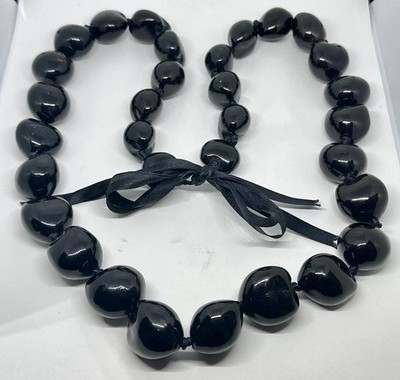 Black Kukui Nut Hawaiian Lei Polynesian Necklace Ribbon Tie 34 
