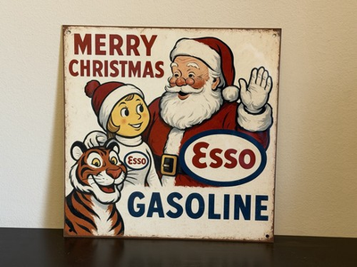 #ad #ad Esso Gasoline Santa Tiger Esso Girl Christmas Advertising Vintage Style Sign $23.00
