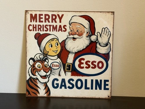 Esso  Gasoline Santa Tiger Esso Girl Christmas Advertising  Vintage Style Sign