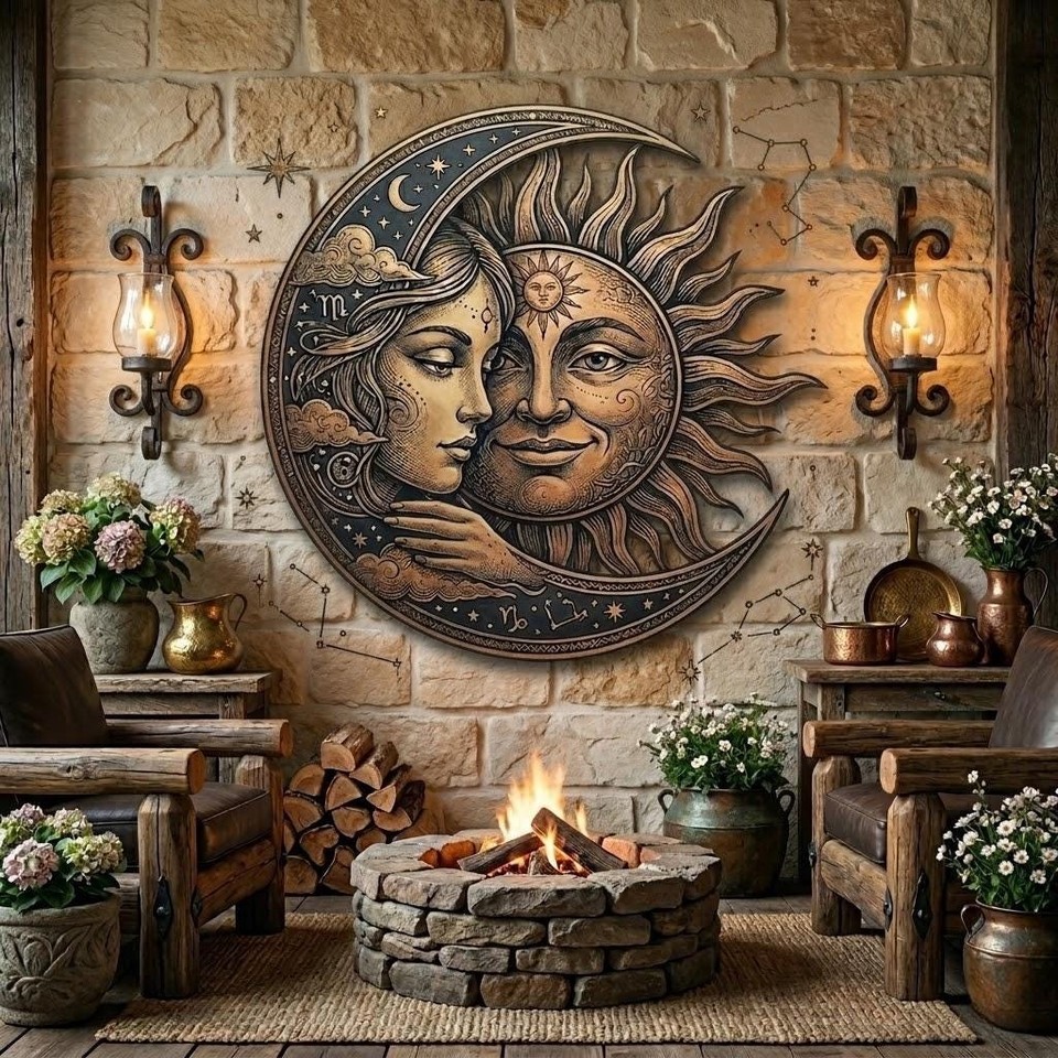 Sun Moon Metal Wall Art Celestial Face Vintage Astrology Decor Gift
